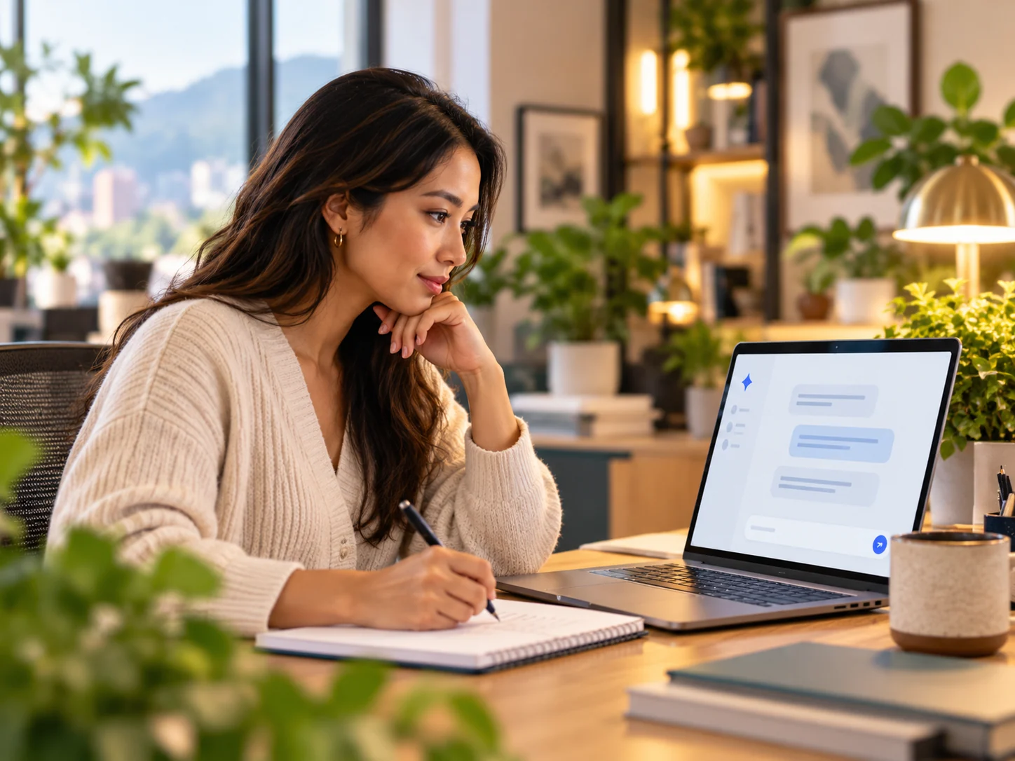A professional making notes while reviewing an AI chat on a laptop