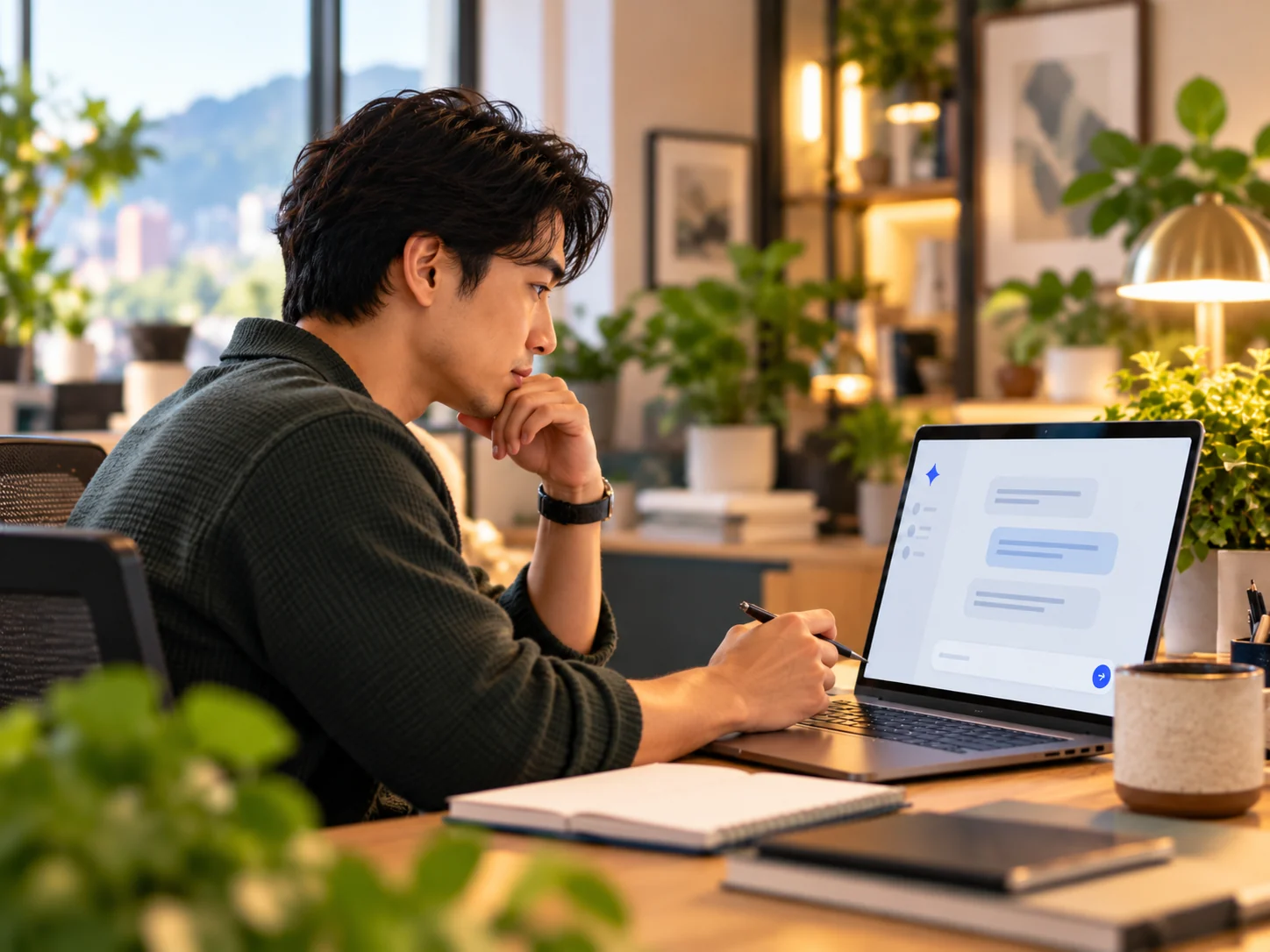A professional considering an AI response on a laptop
