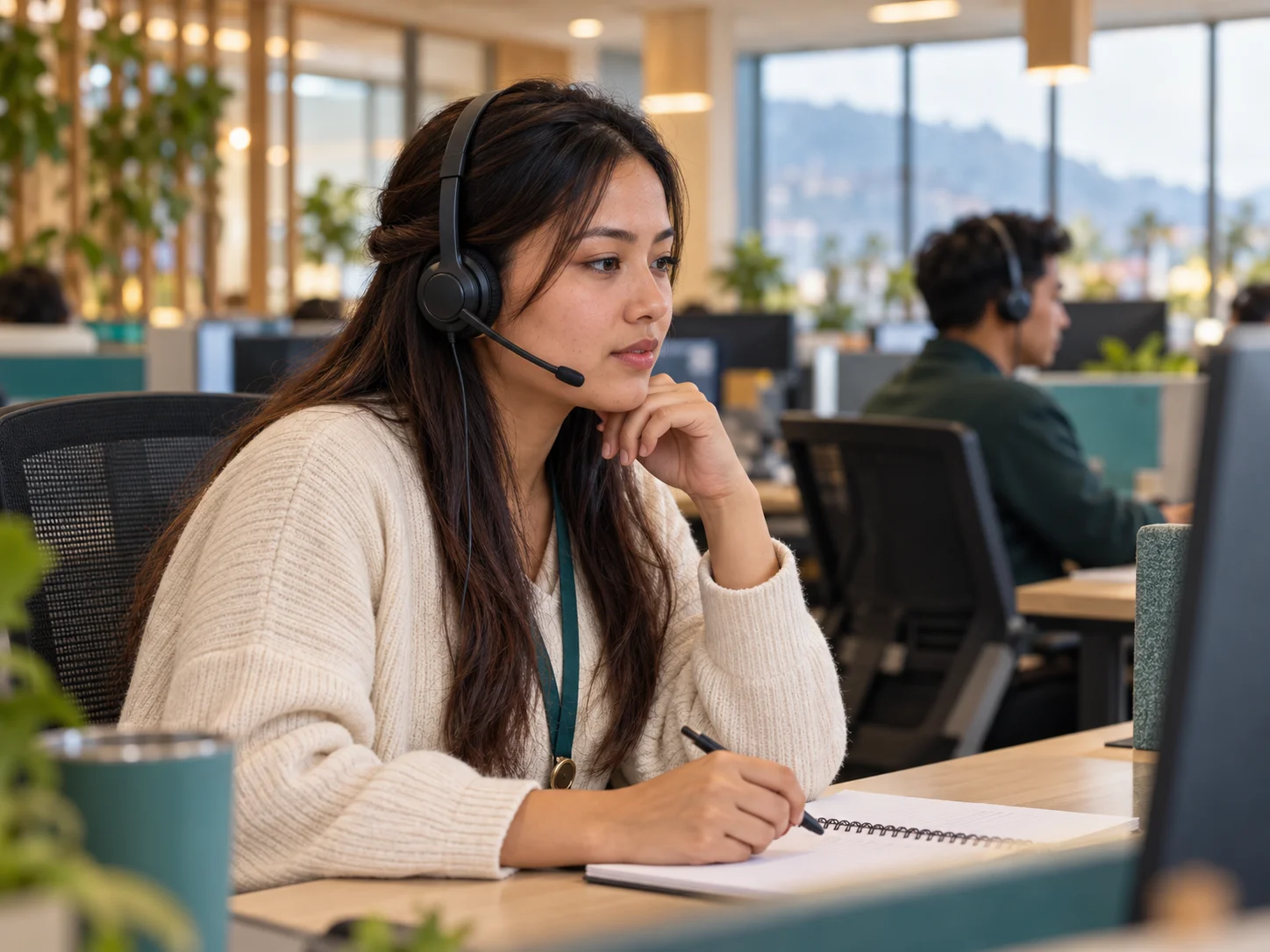 An advisor wearing a headset listening during a customer call