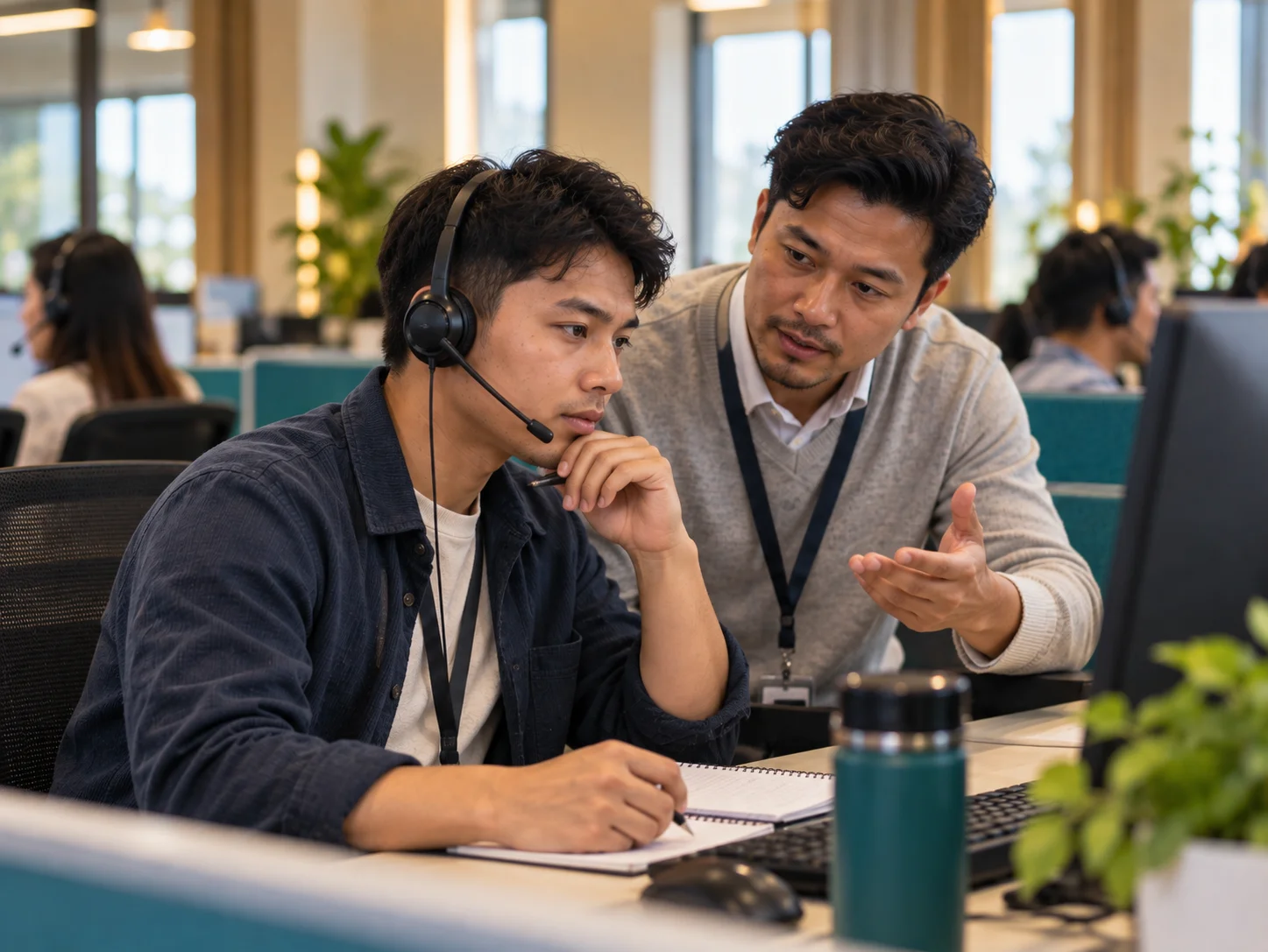 Customer service team member practicing a call with coaching support