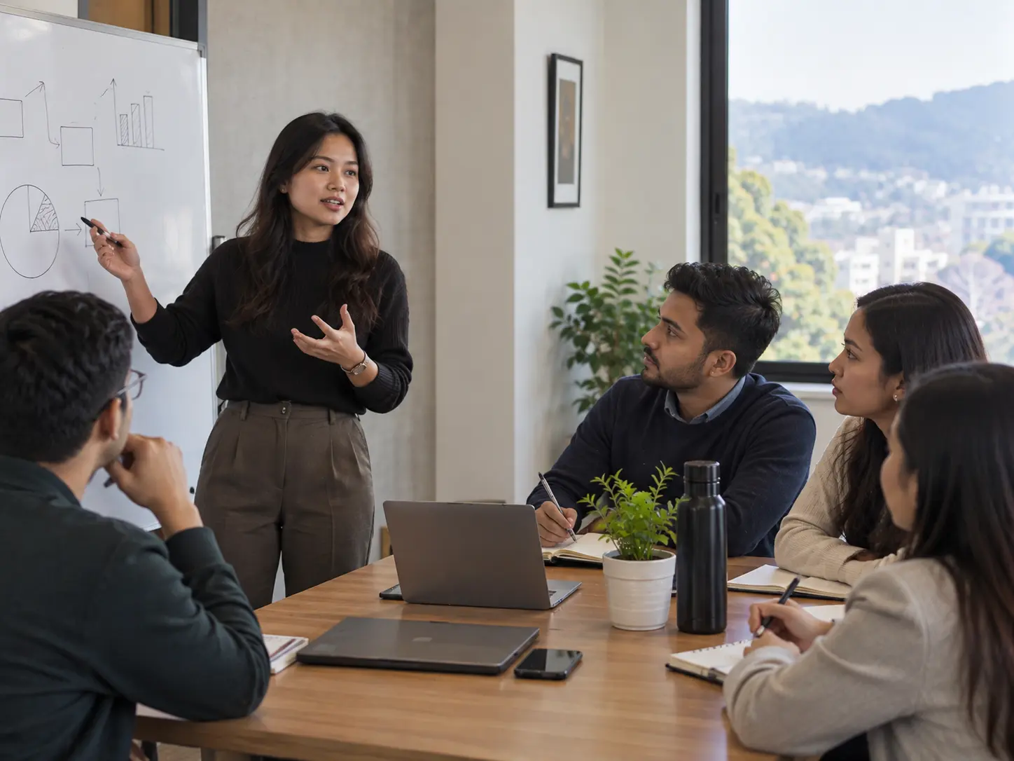 Speaker delivering a presentation to a small seated audience during communication training