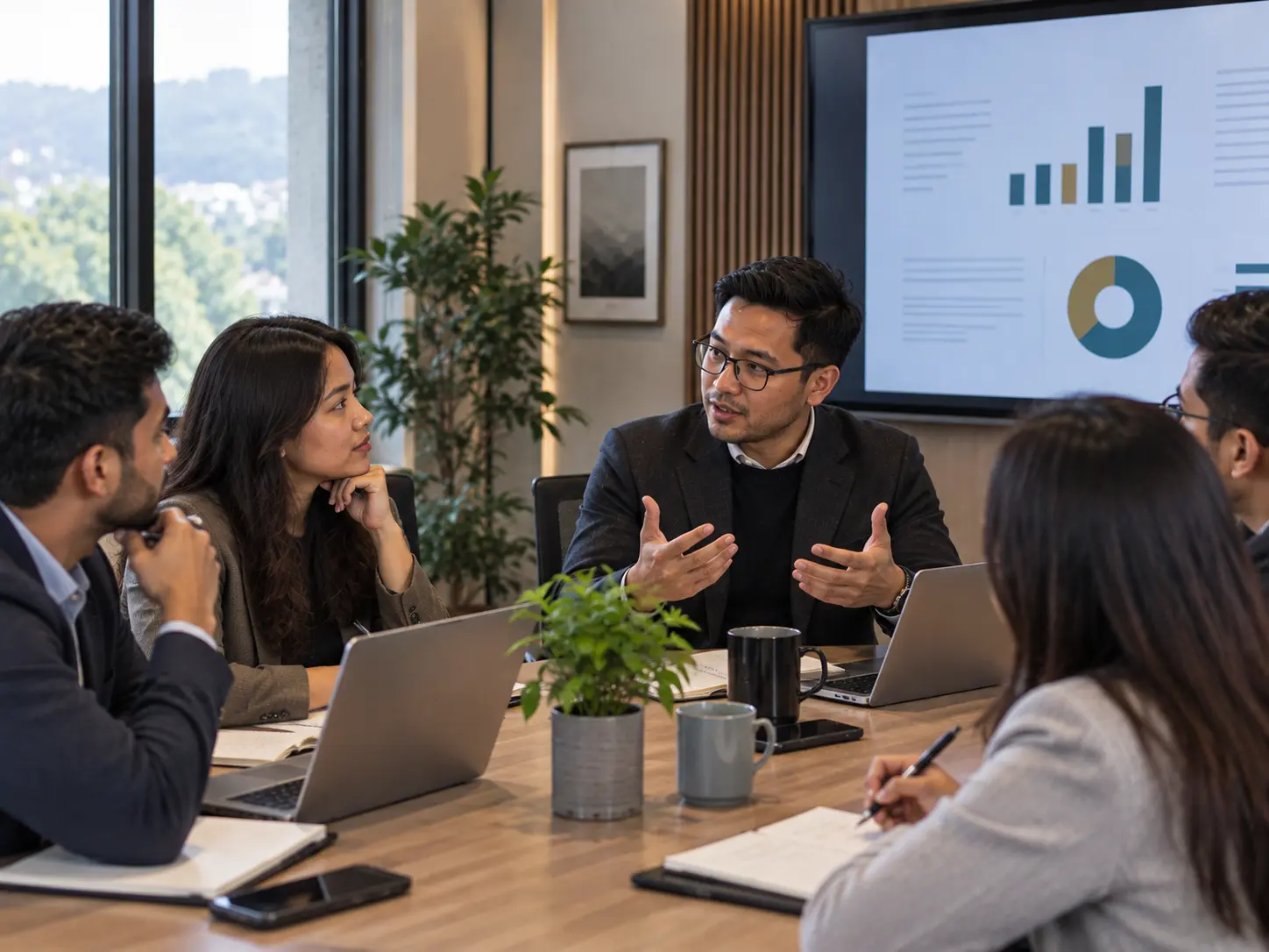 Professional giving an update during a team and stakeholder meeting