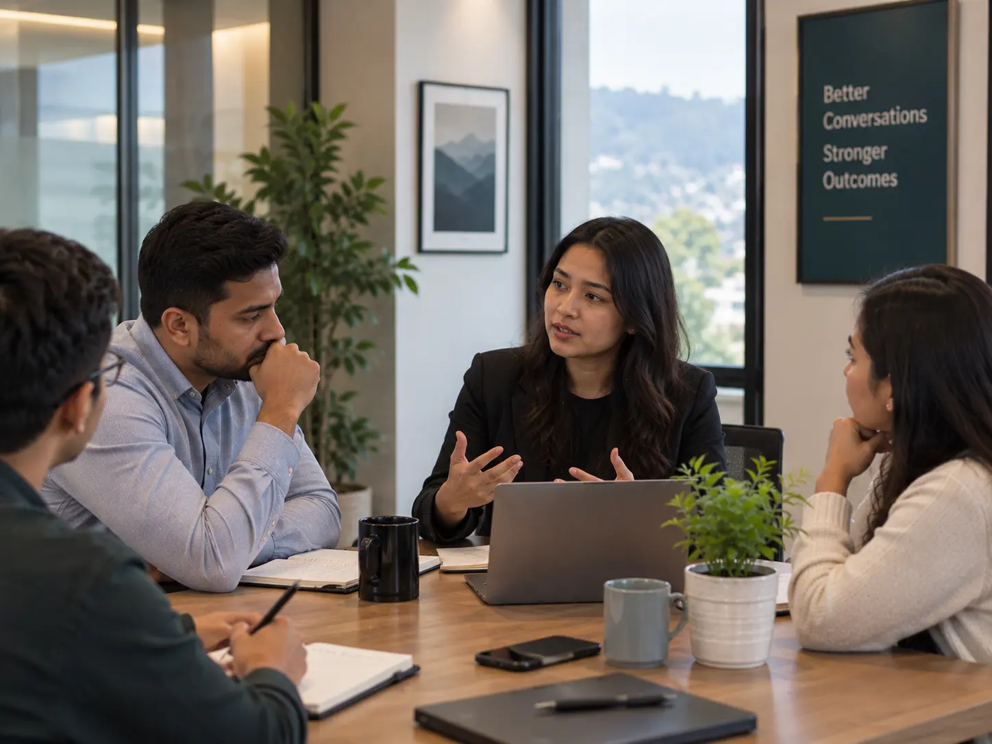Professionals handling a serious workplace conversation in a controlled discussion