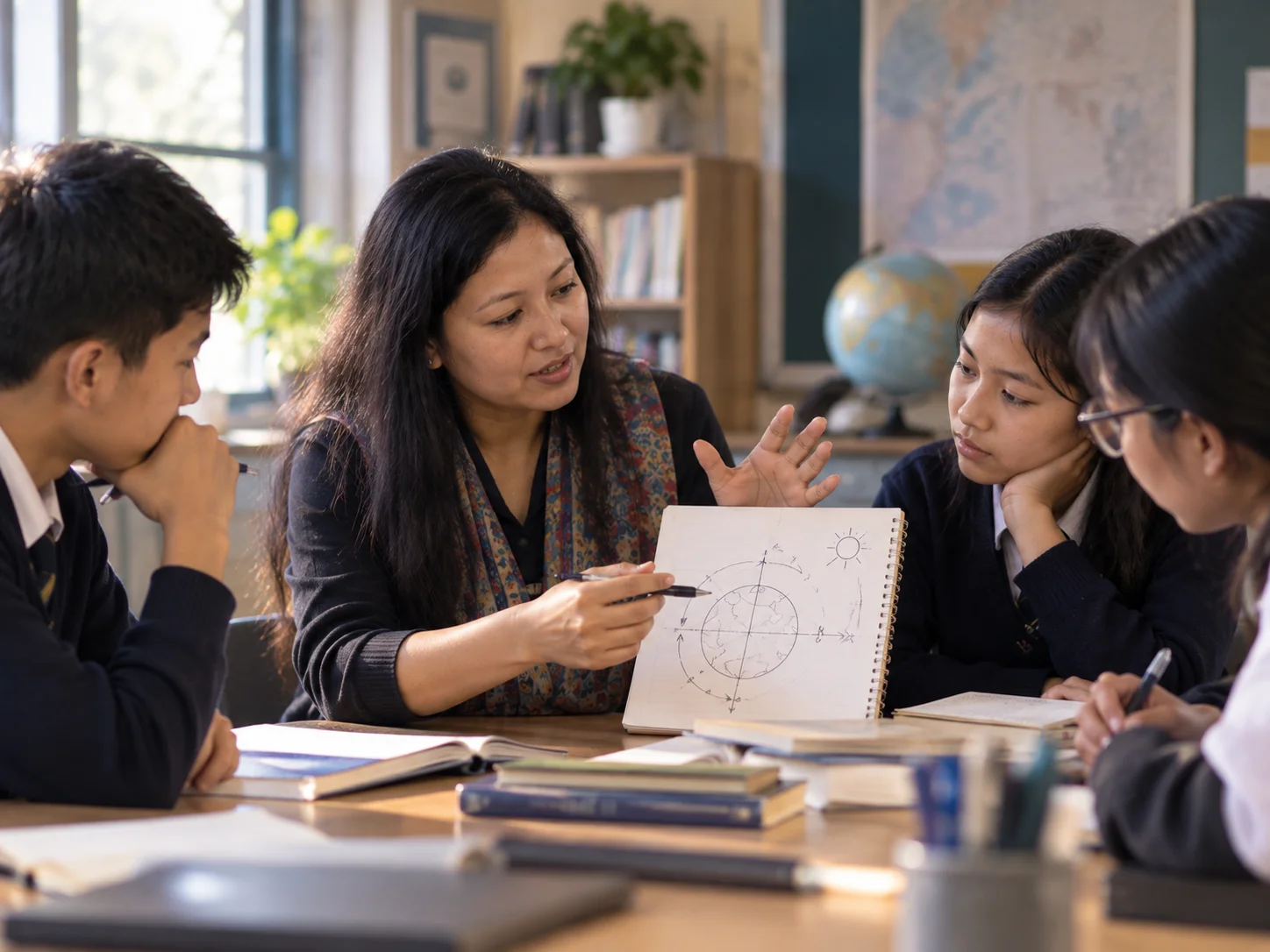 A teacher breaking down a difficult idea for students at a board