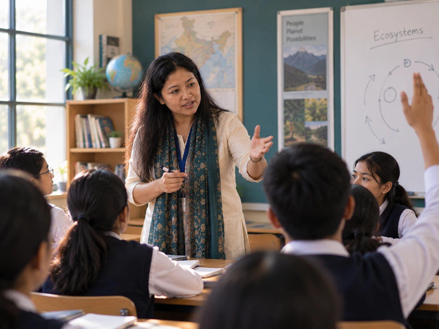 A teacher leading and directing a full classroom of students