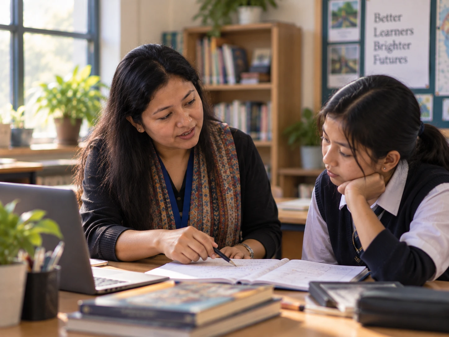 A teacher giving one-to-one feedback to a student on their work