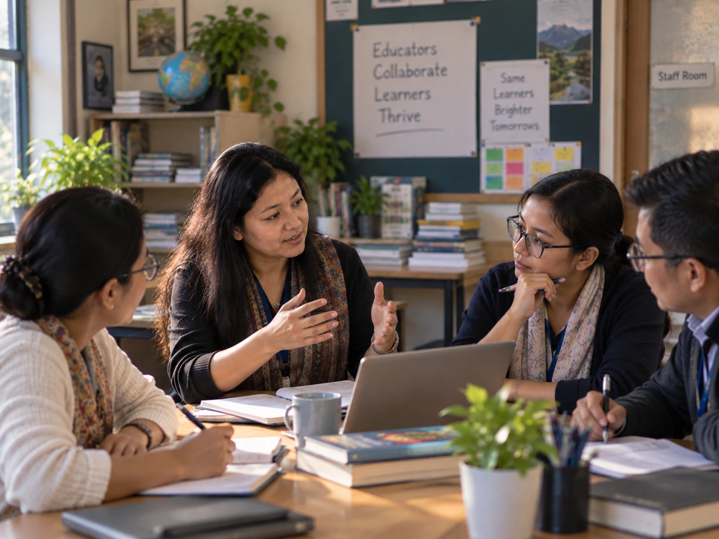 Educators collaborating together in a staff room discussion