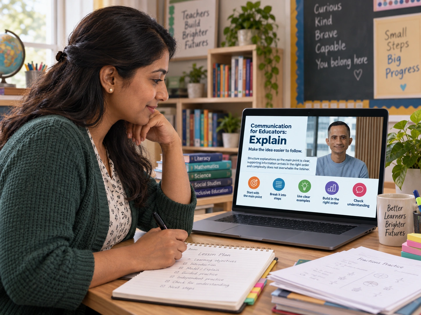 Educator explaining an idea clearly in a live coaching session