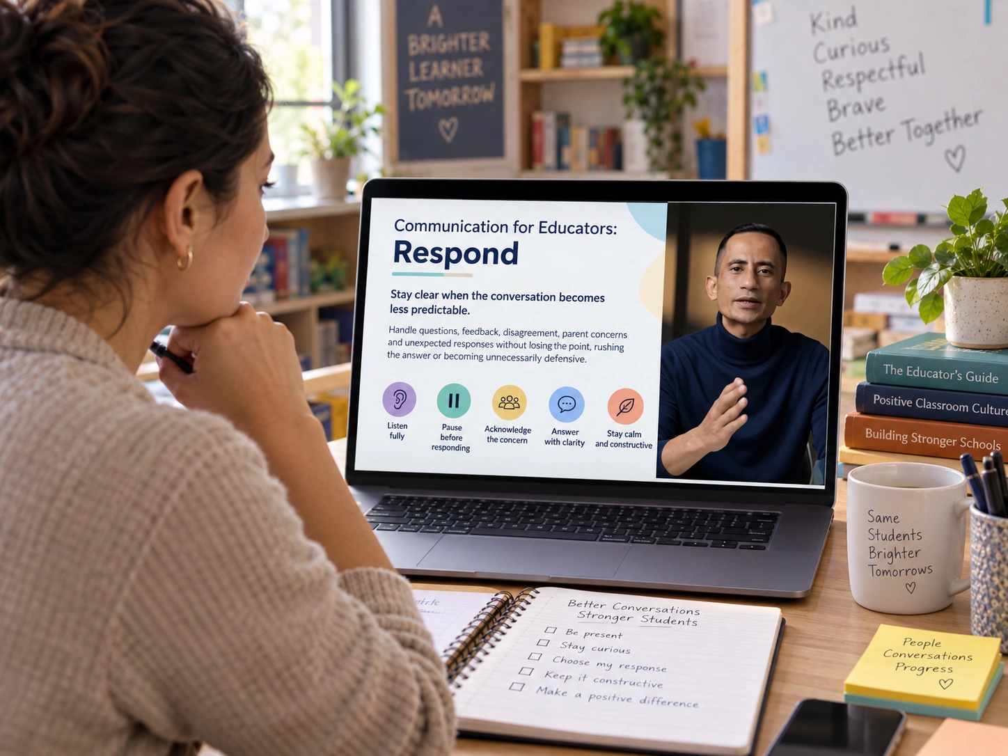 Educator responding with control to questions and feedback