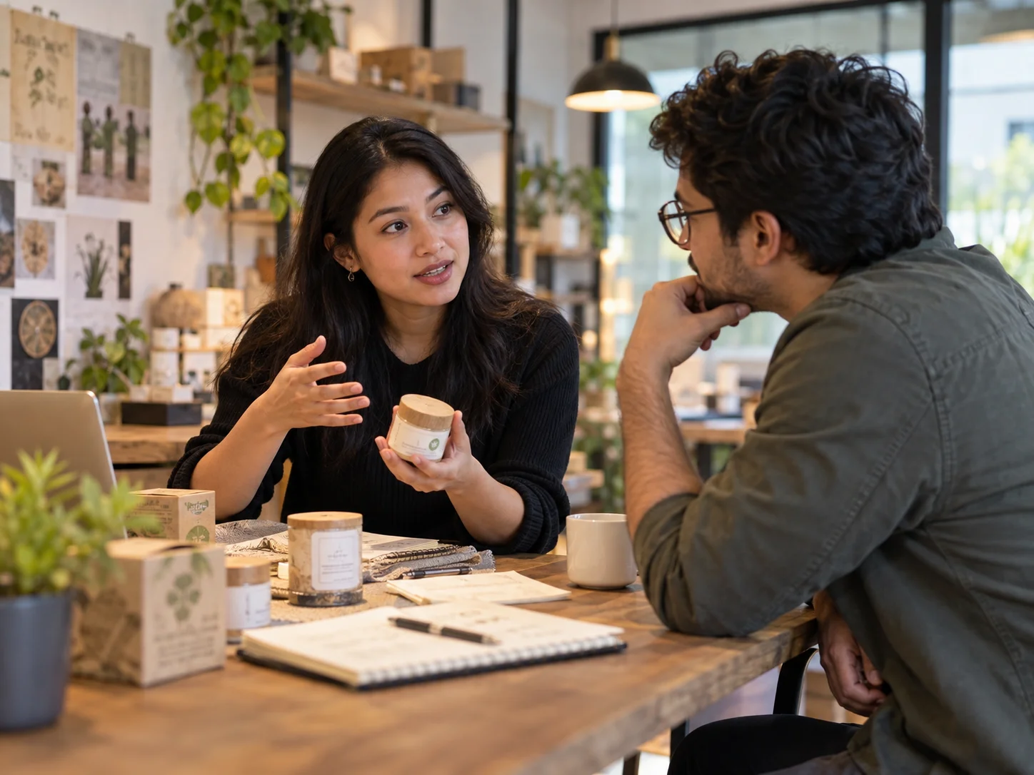 An entrepreneur explaining their business to a listener