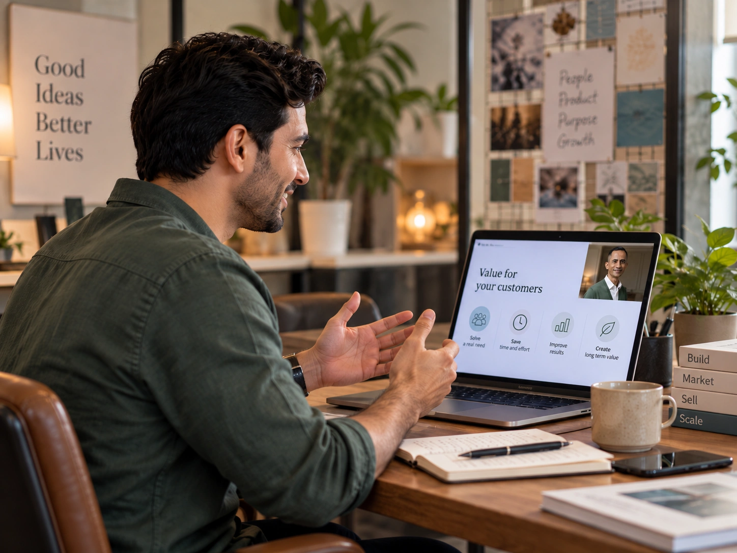 Founder framing value persuasively for a listener