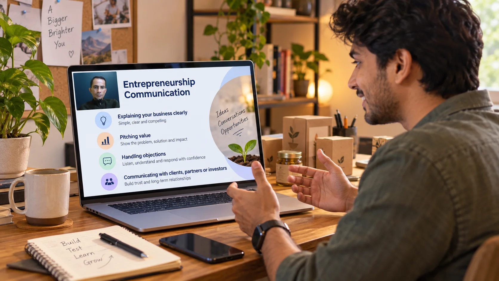 Founder presenting a business idea during a small-group conversation.
