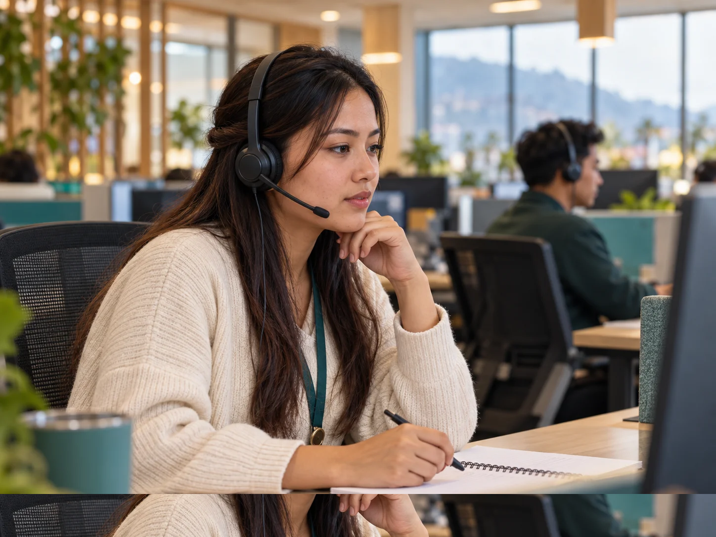 Customer service advisor listening carefully during a call
