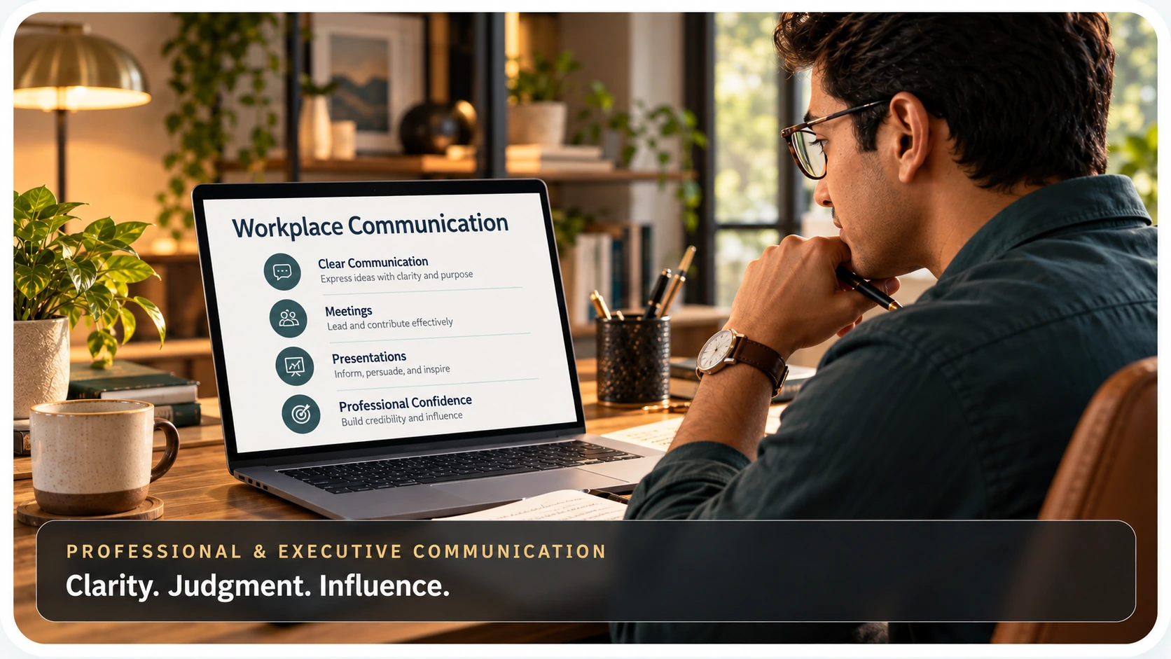 Illustration of a professional reviewing workplace communication skills at a laptop