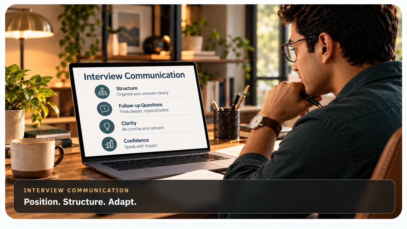 A learner practicing interview communication at a laptop