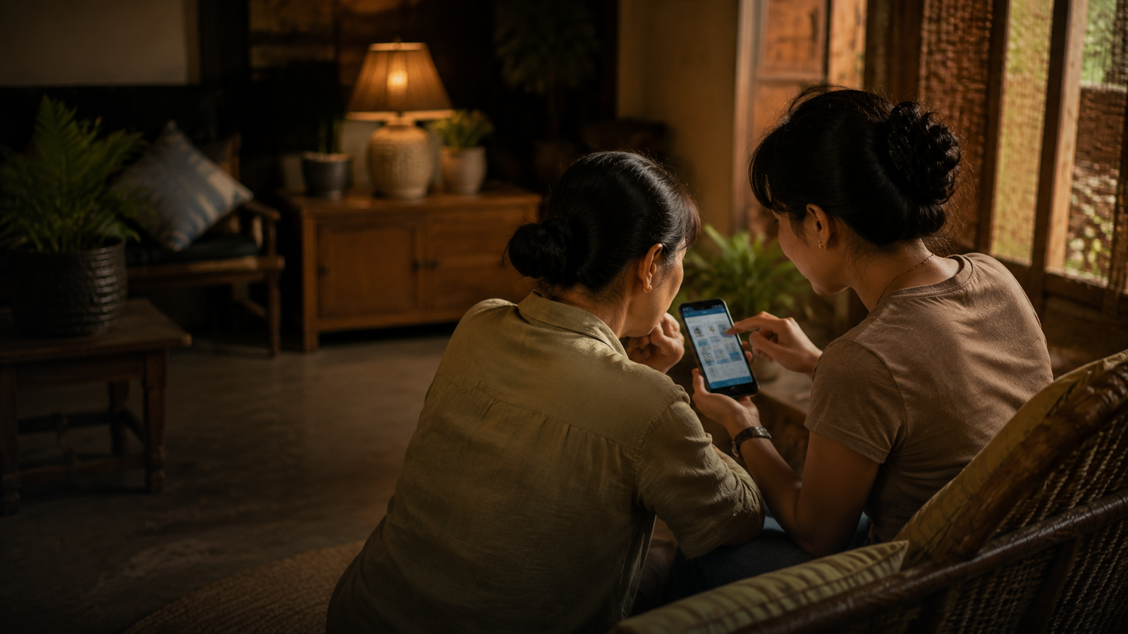 An older woman and a younger woman looking at a phone together