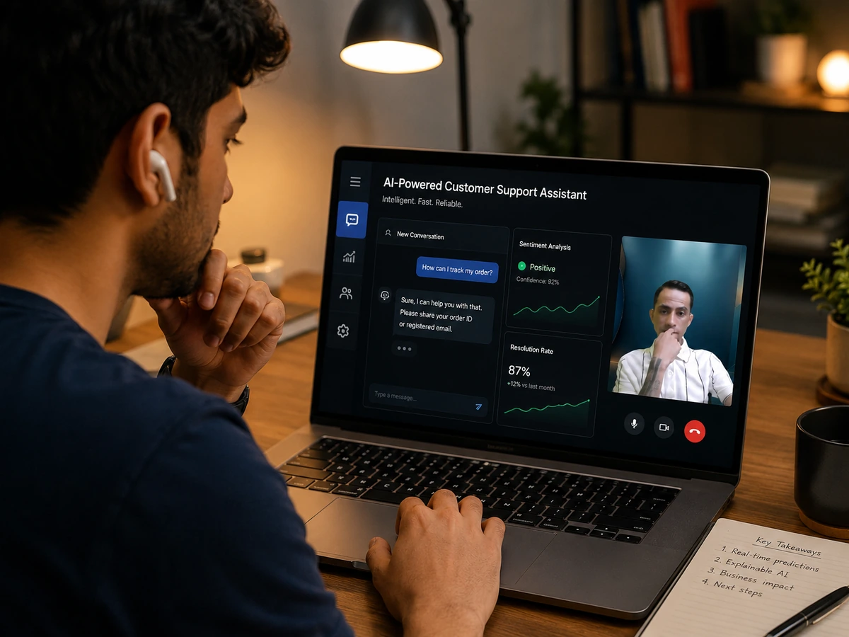 AI engineer practicing a customer-facing app demo during live one-to-one coaching with Arjun Lyngdoh