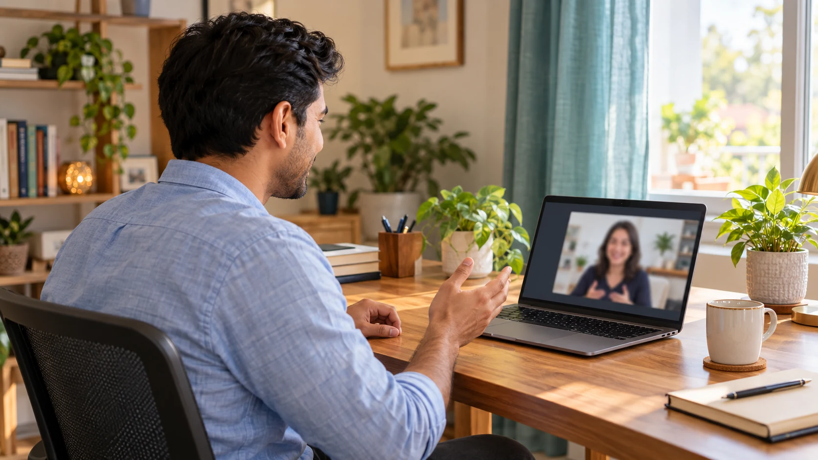 Illustrative learner practicing communication during a one-to-one online coaching session