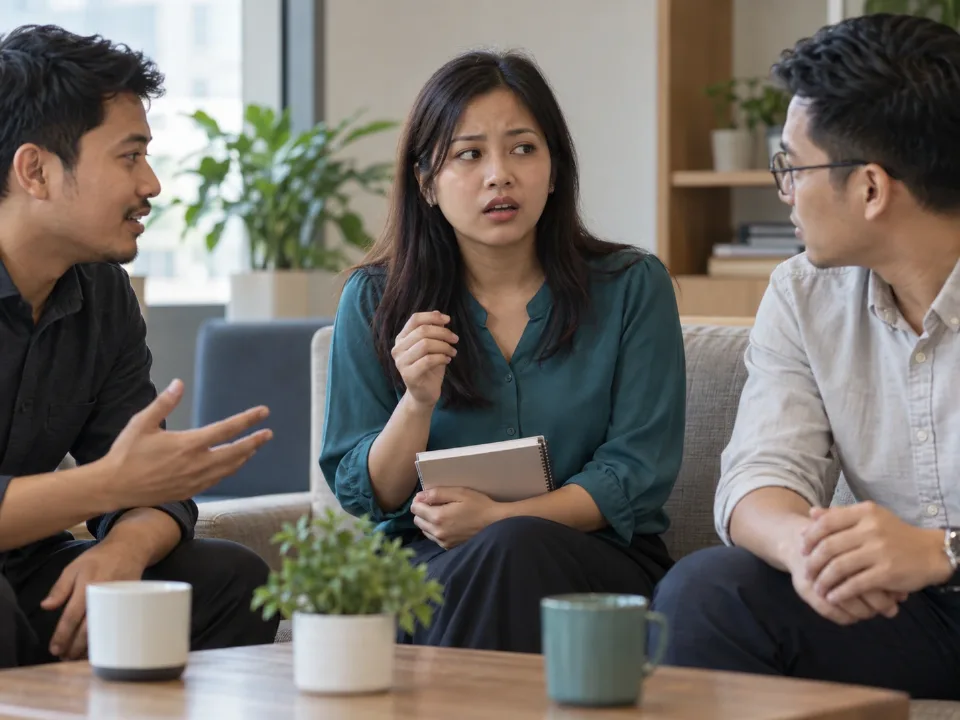 A woman hesitating while two colleagues talk to her in a meeting lounge