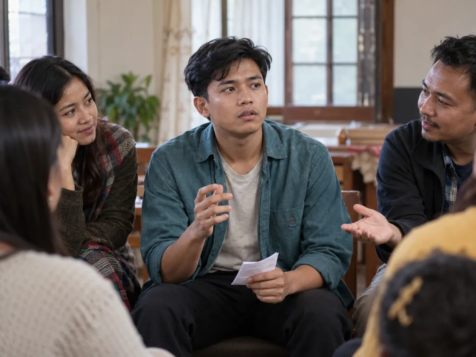 A man momentarily losing his words when asked to speak in an informal group gathering.
