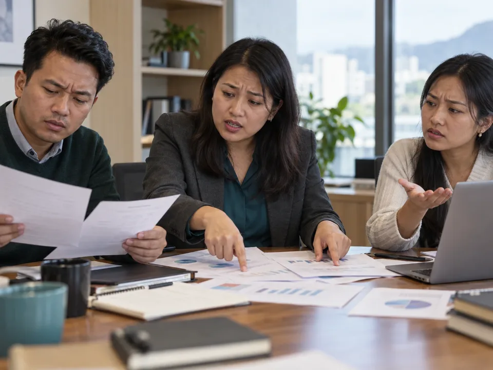 A woman pointing at documents while colleagues look puzzled around a table