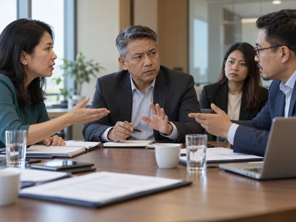 Colleagues in a tense discussion across a conference table
