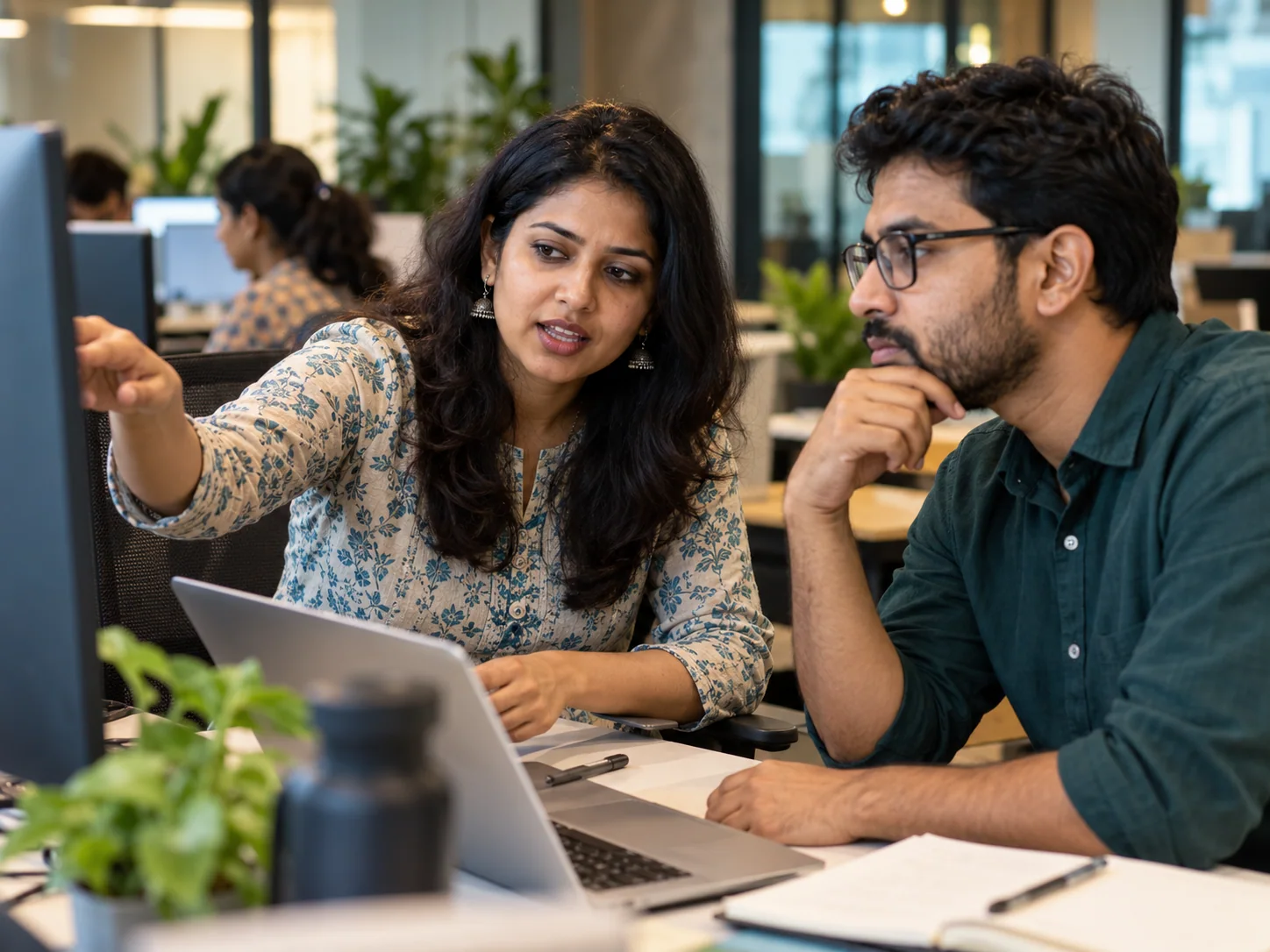 An Indian millennial woman clearly explains a technical task to an Indian male colleague in a practical workplace
