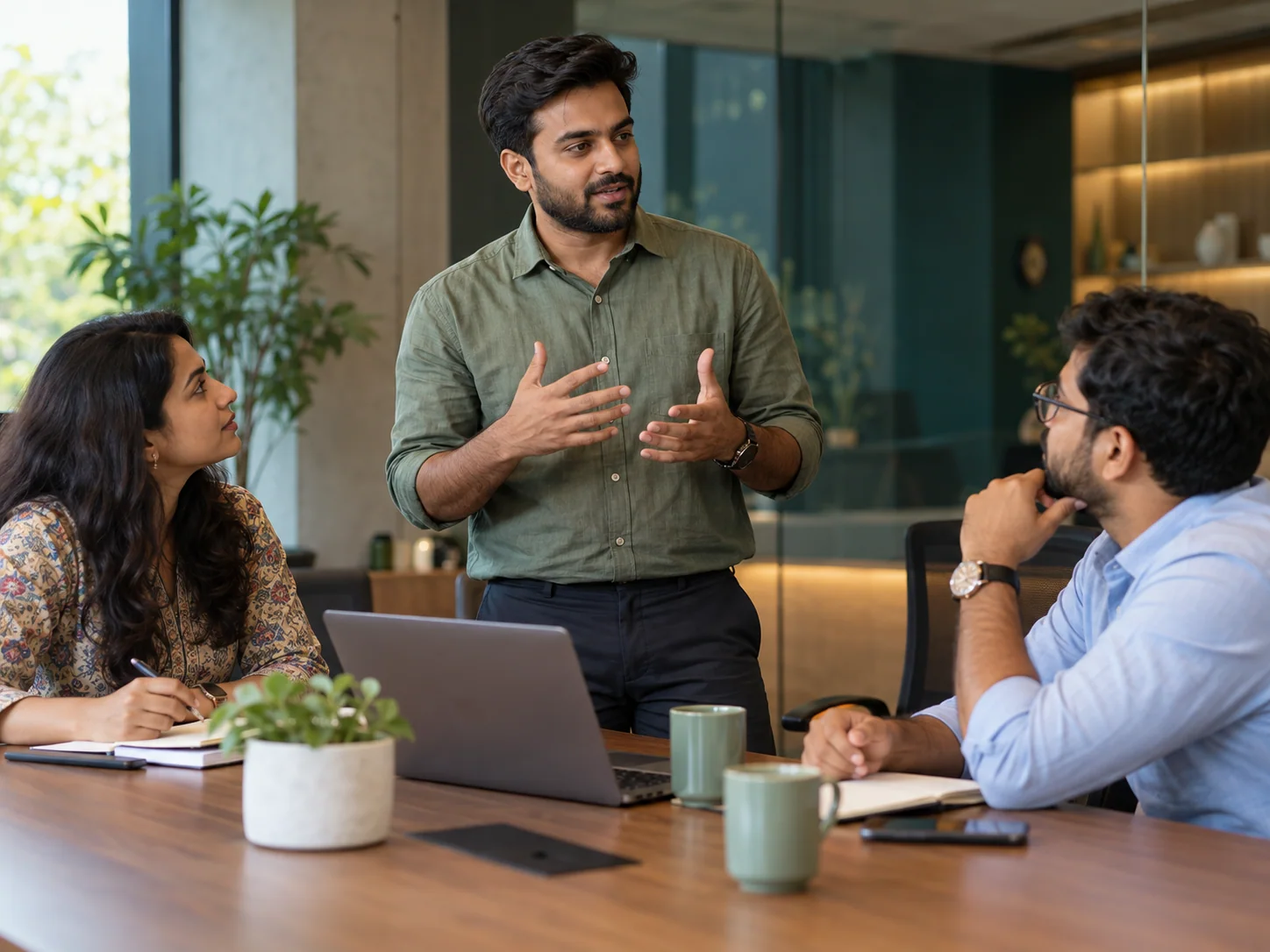 An Indian millennial man gives a concise work update to two colleagues in a meeting room