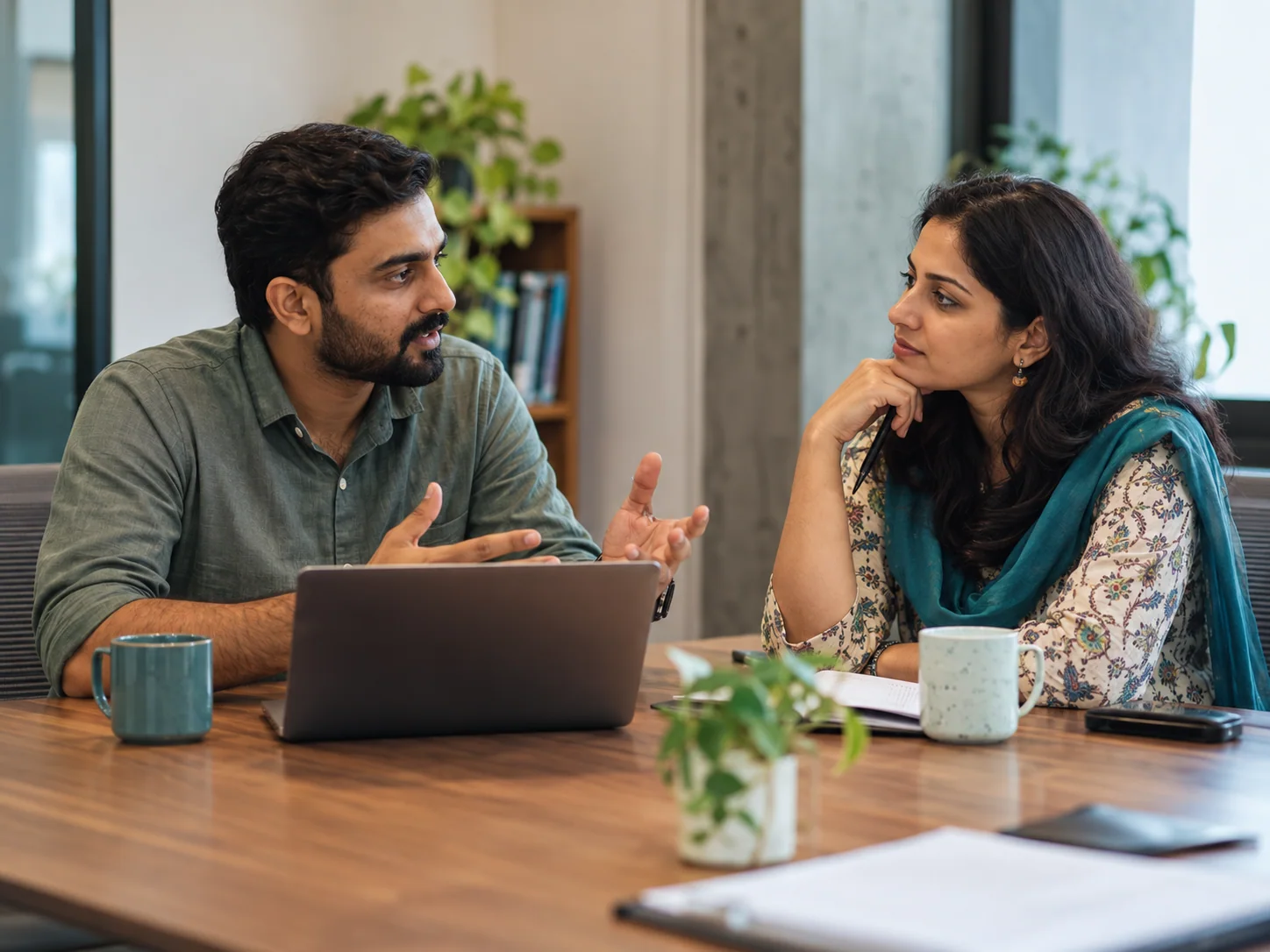 Two Indian millennial colleagues discuss feedback respectfully across a meeting table