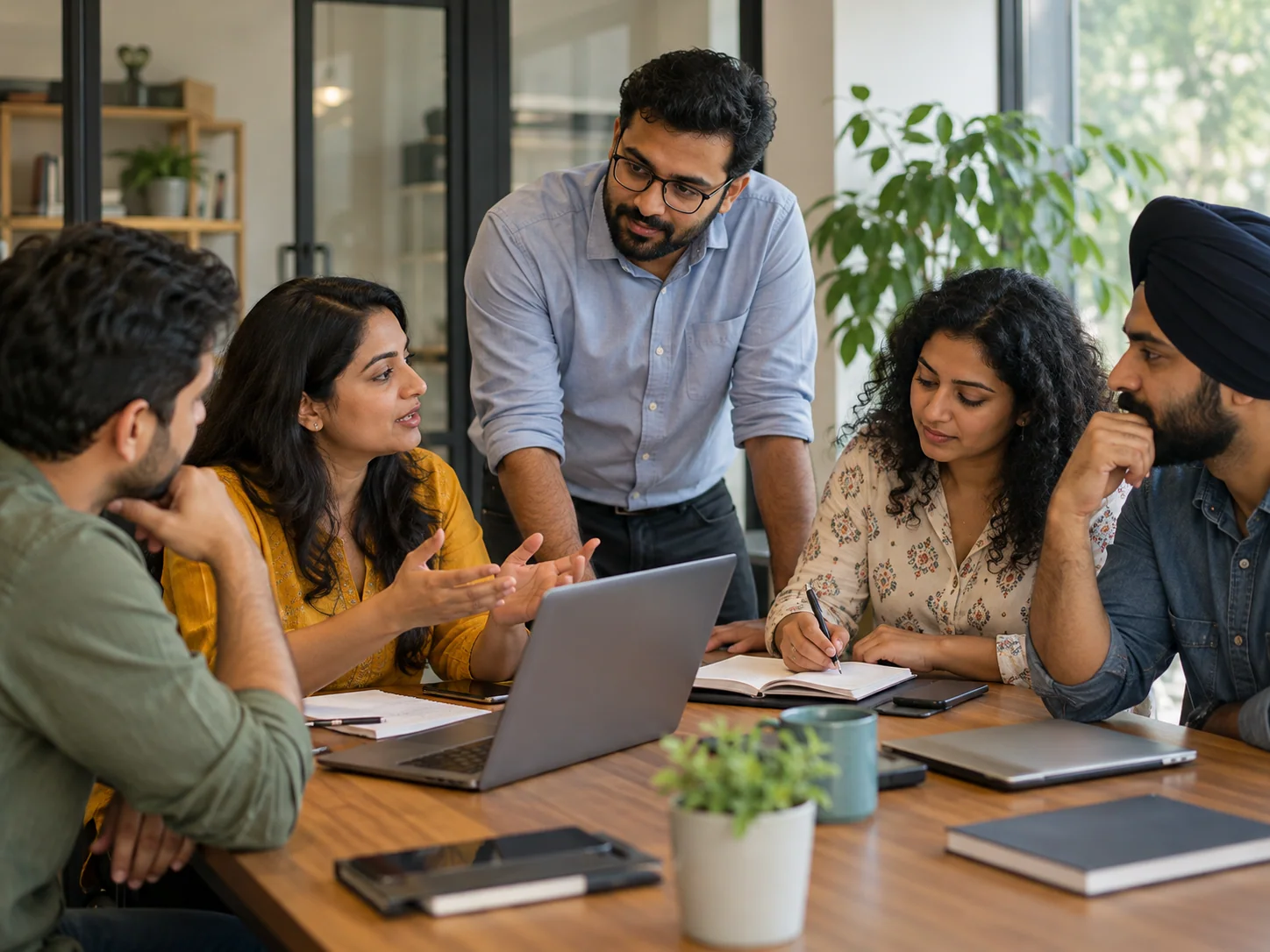 An Indian millennial team agrees on next steps in a small office meeting, one person noting actions