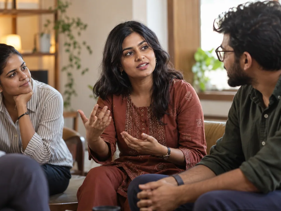 An Indian millennial woman hesitates before speaking English in a small friendly coaching group; two Indian peers listen supportively