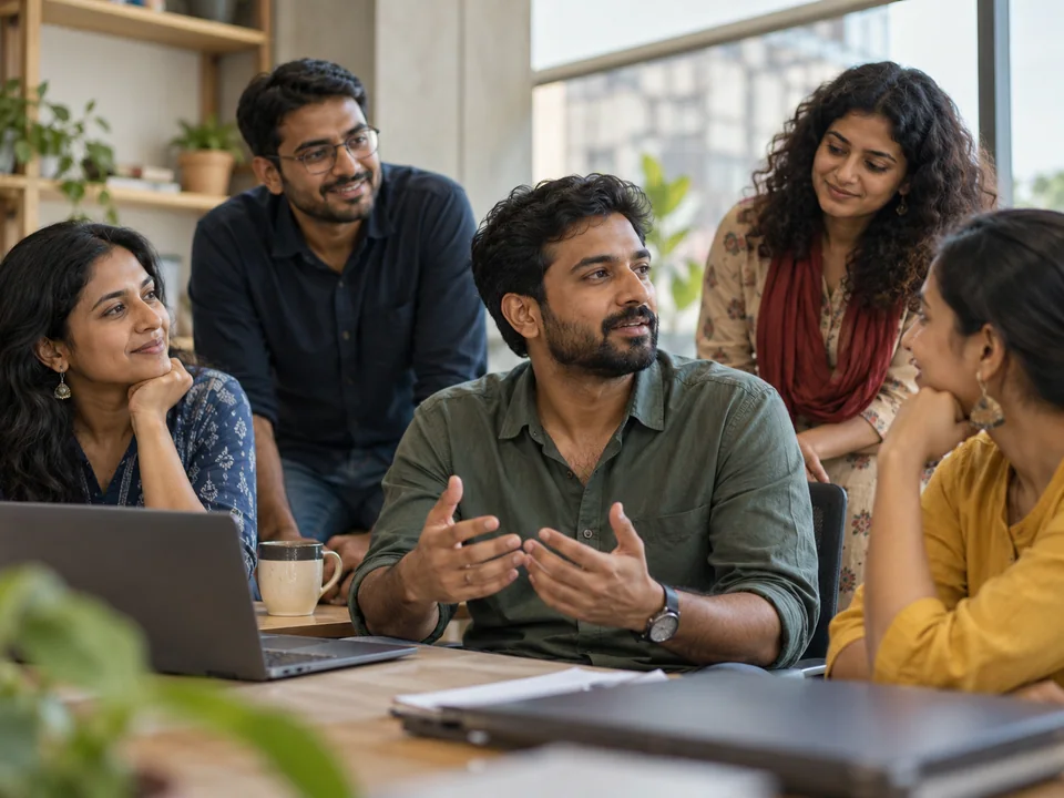 An Indian millennial man pauses mid conversation while friends wait kindly in an informal social gathering in India