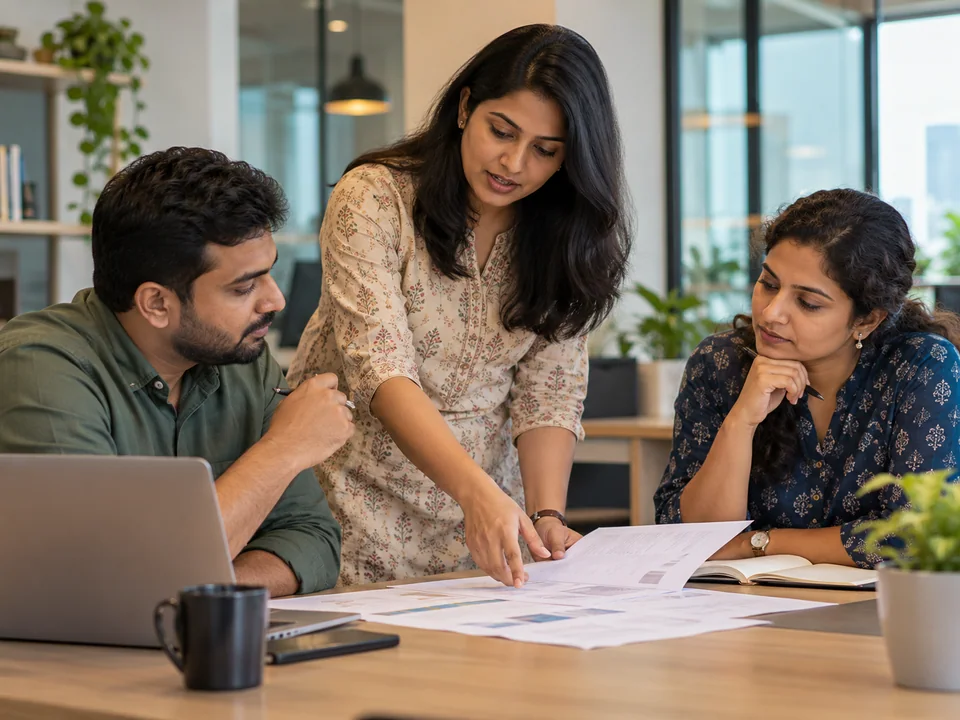 An Indian millennial woman explains her work to two colleagues with papers on a table in a contemporary Indian office