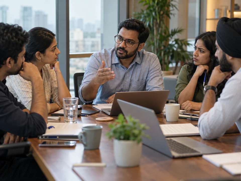 A millennial Indian manager leads a difficult high-stakes conversation at a meeting table with a diverse team of Indian adults