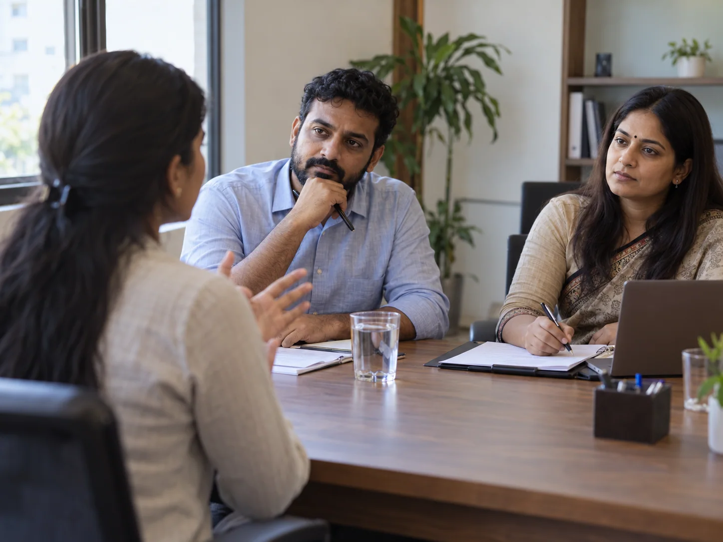 A young Indian millennial candidate introduces herself confidently to two Indian interviewers across a table
