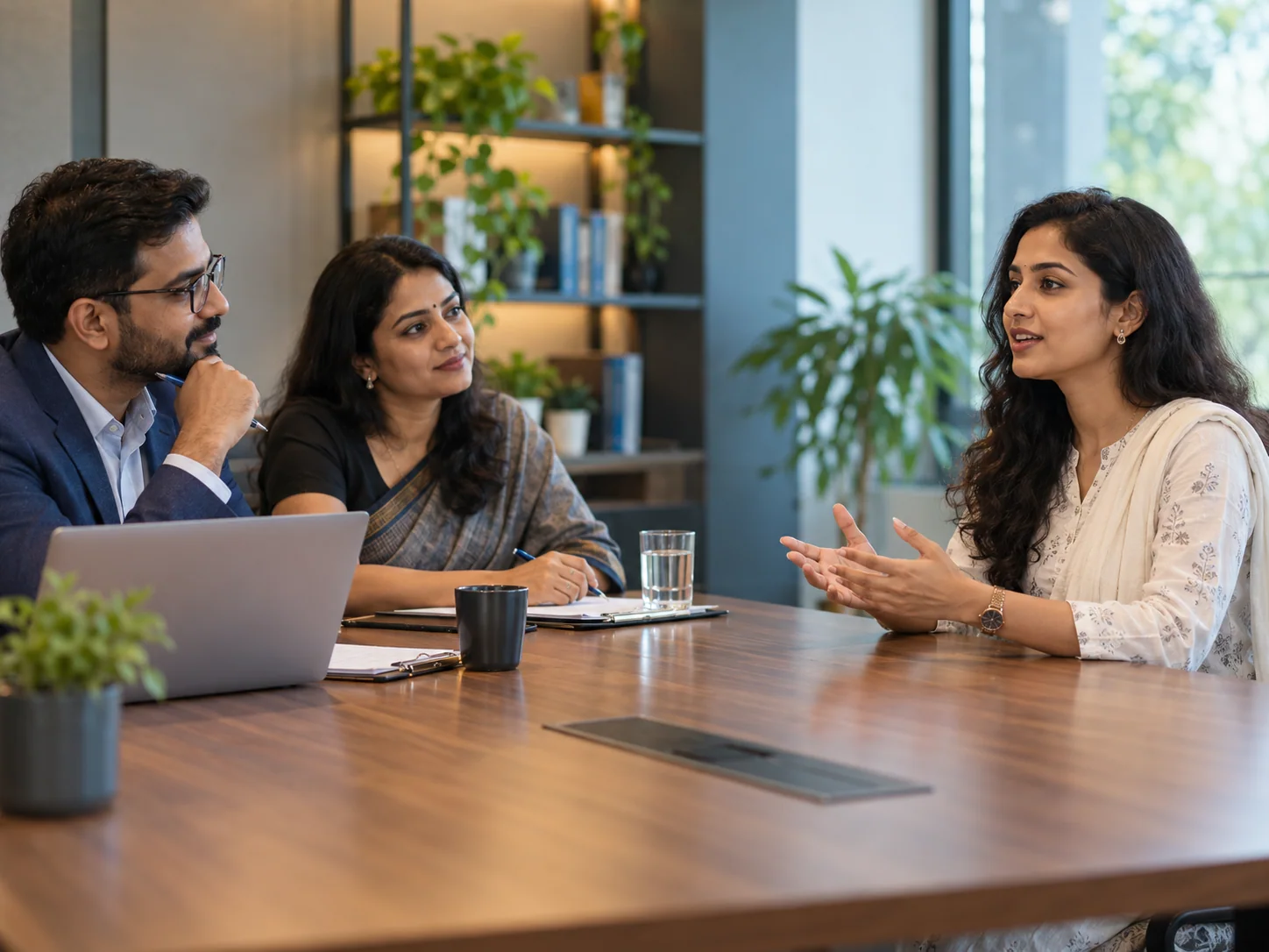 An Indian millennial job candidate answers an interview question with calm structure while two interviewers listen