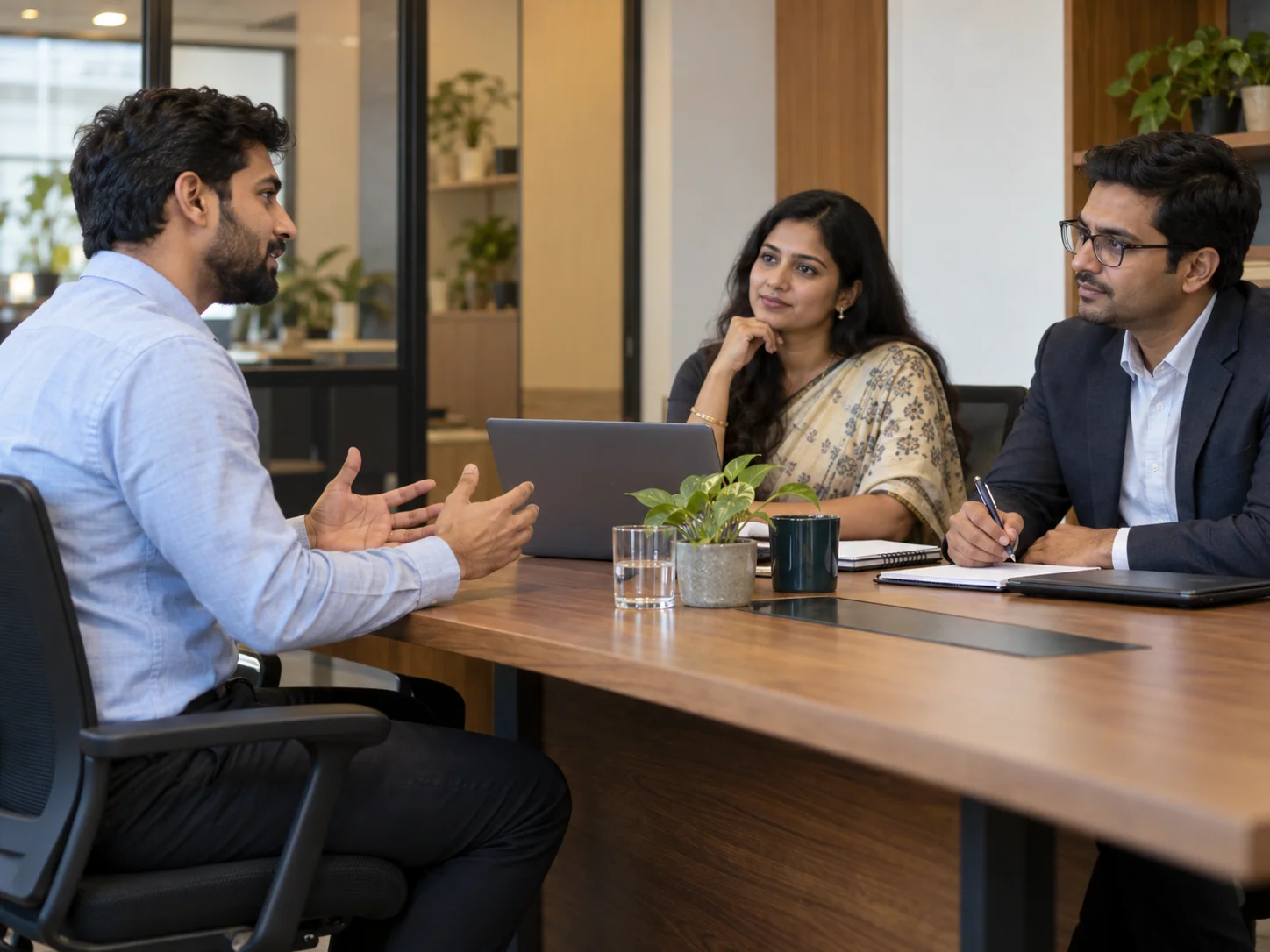 An Indian millennial male candidate explains his experience in an interview with two Indian professionals