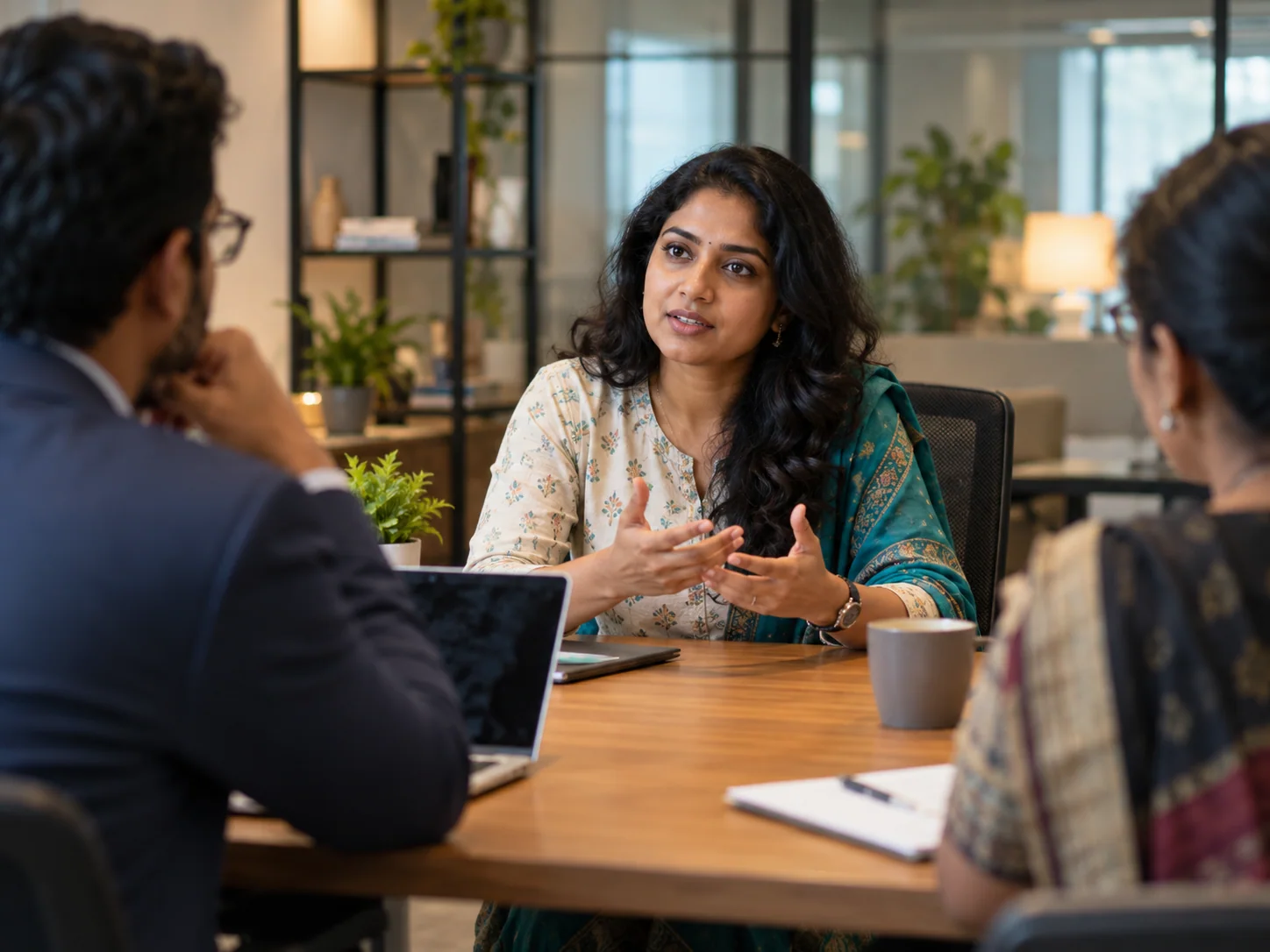 An Indian millennial woman thoughtfully handles a follow-up question in a formal interview