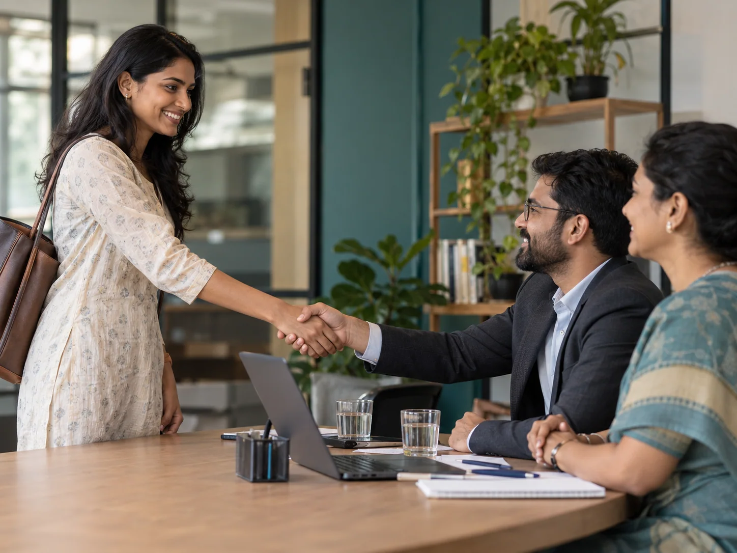 An Indian millennial woman concludes a job interview with a confident, respectful exchange