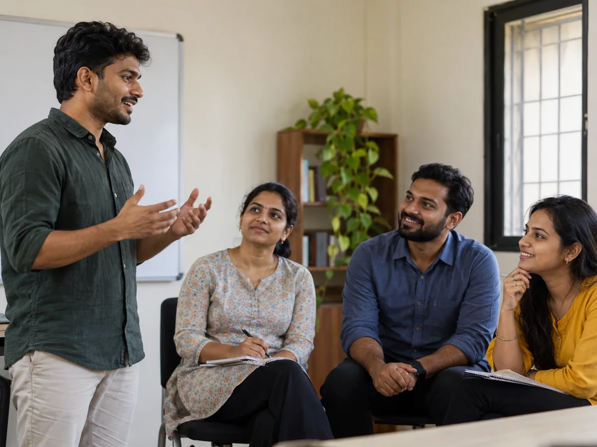 An Indian millennial woman nervously gives a short presentation to a small Indian group in a training room