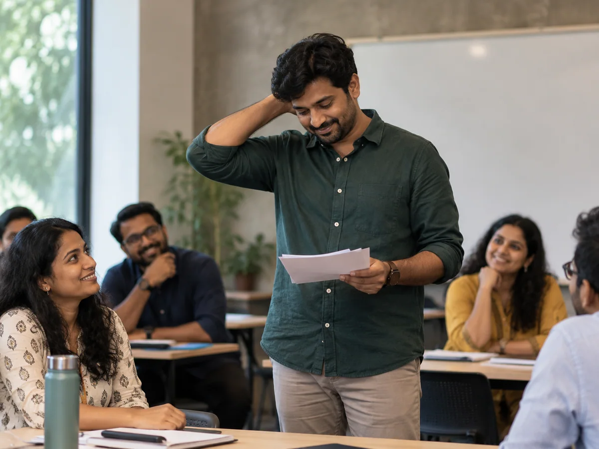 An Indian millennial man pauses, embarrassed, while practicing a short presentation in an Indian workshop classroom