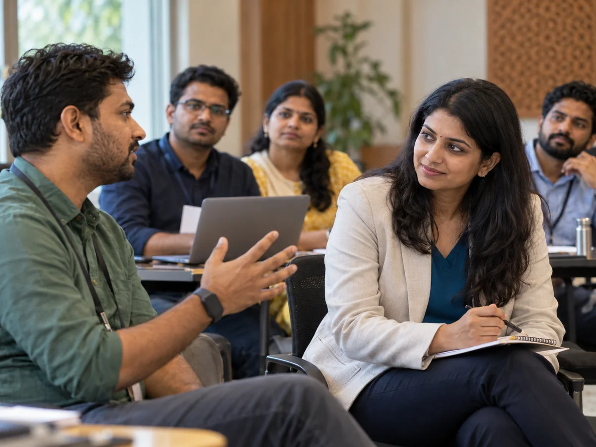 A young Indian professional listens carefully to a question from an Indian participant during a training session