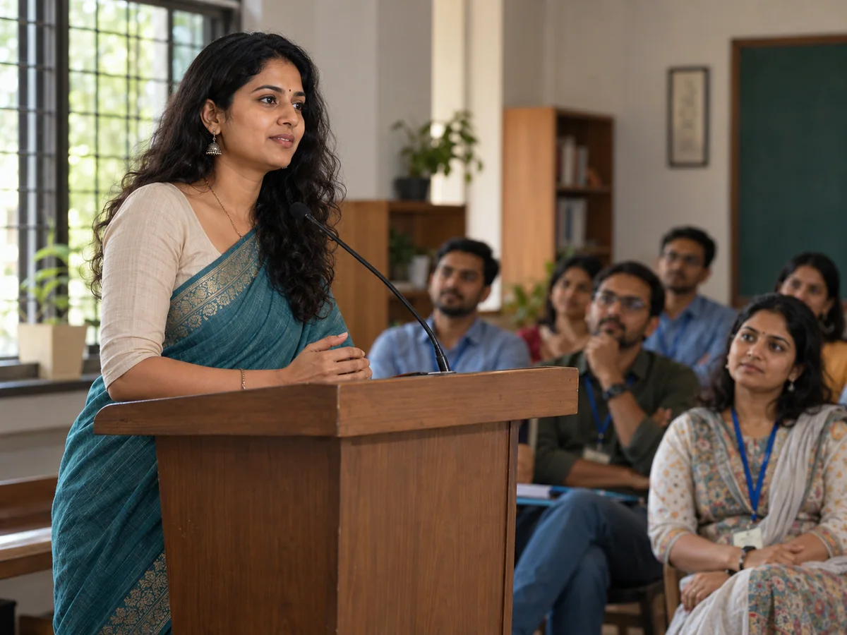 An Indian millennial woman gathers her thoughts at a podium in a modest Indian learning space