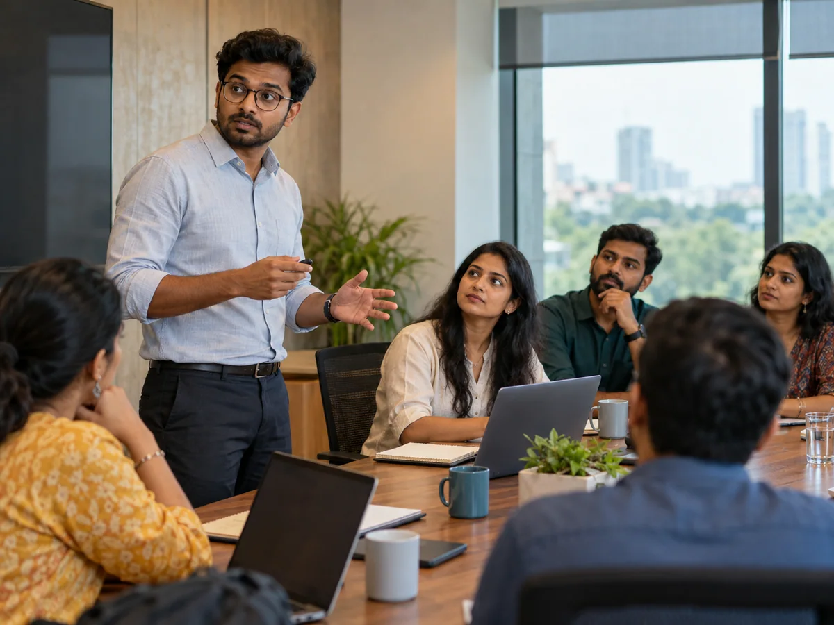 An Indian millennial man catches himself rushing through a workplace presentation as peers watch