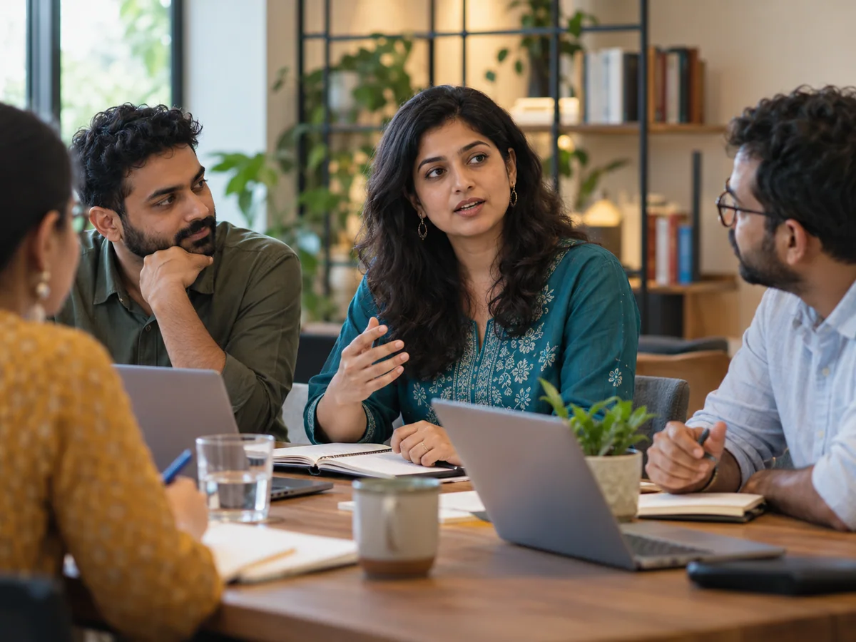An Indian millennial woman pauses over notes while answering a question at a small meeting