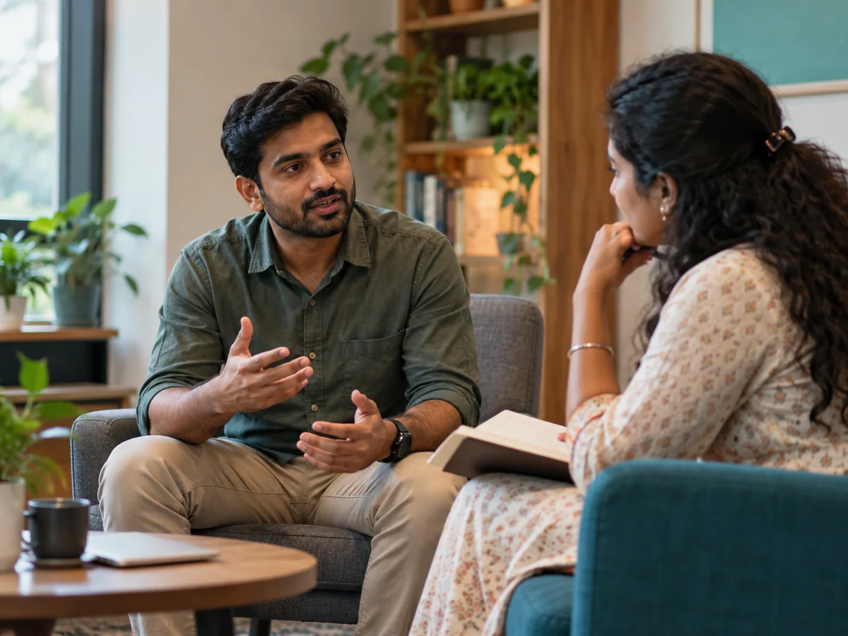 An Indian millennial man thoughtfully rehearses a response in a coaching room with one Indian peer