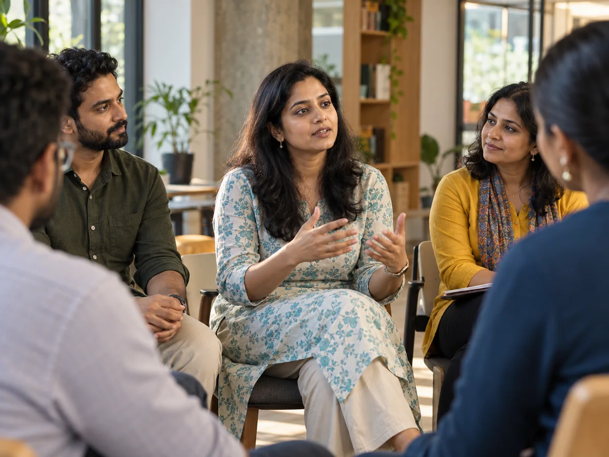 An Indian millennial woman practices speaking to a supportive small group, cautious but engaged